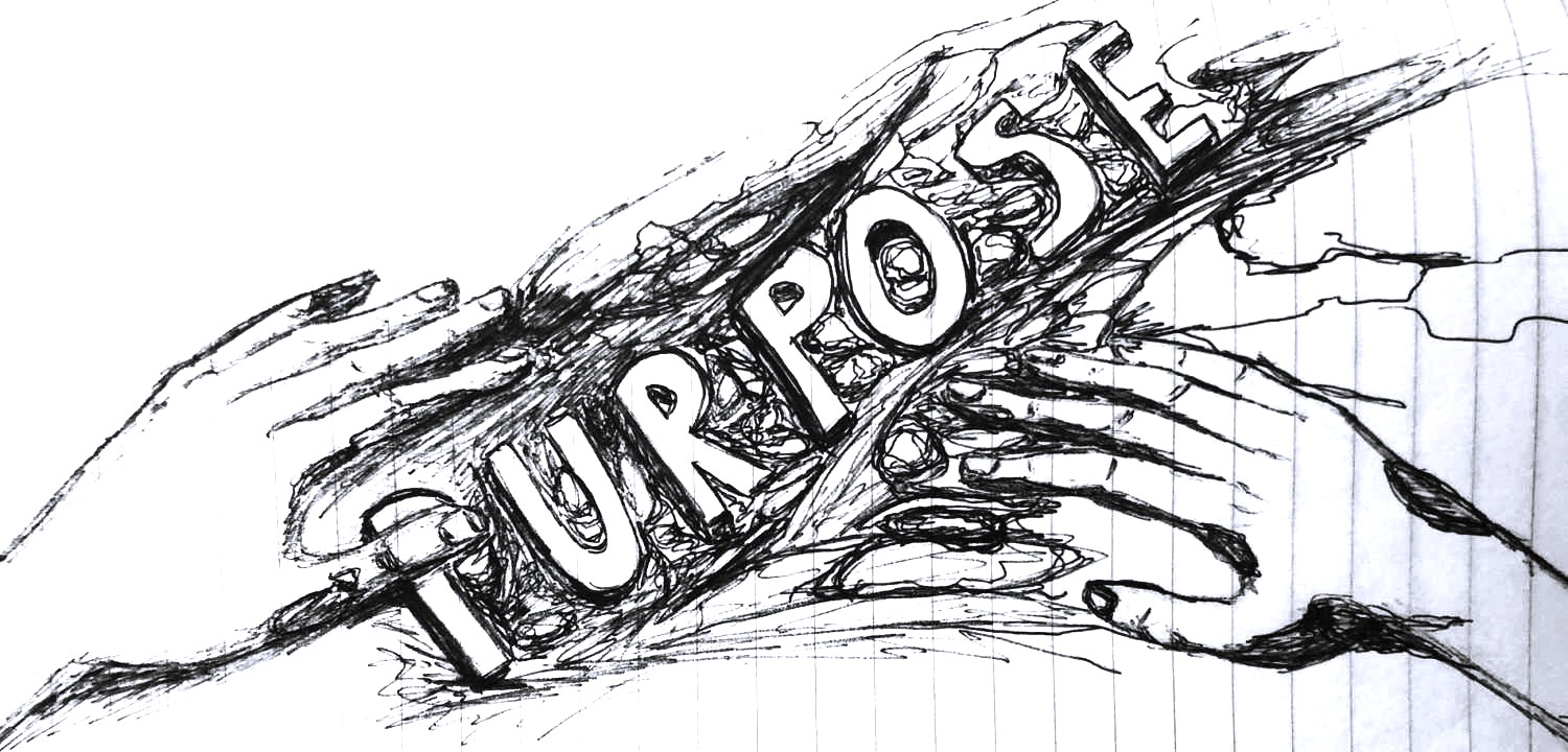 pencil drawing of two hands uncovering the word "purpose"